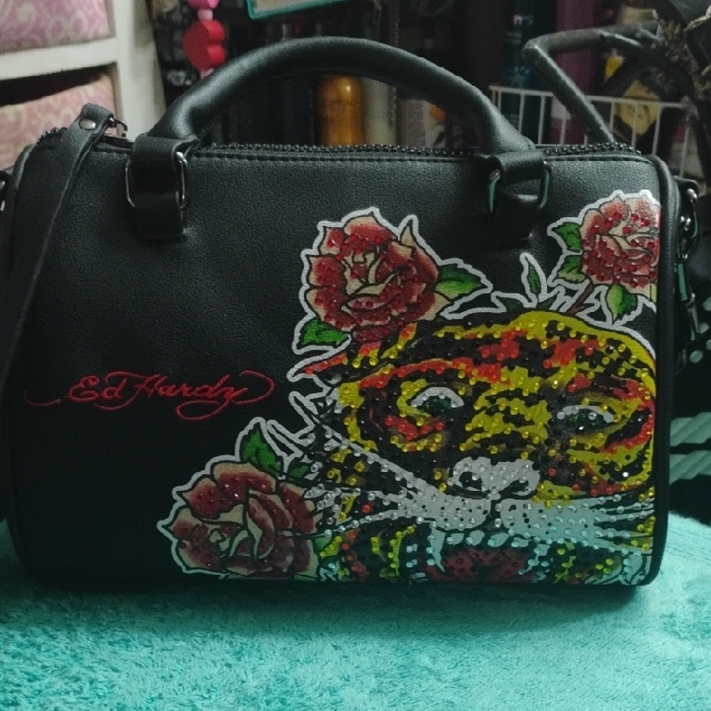 Ed Hardy Black and Multicolor Floral Tiger Satchel NWOTl